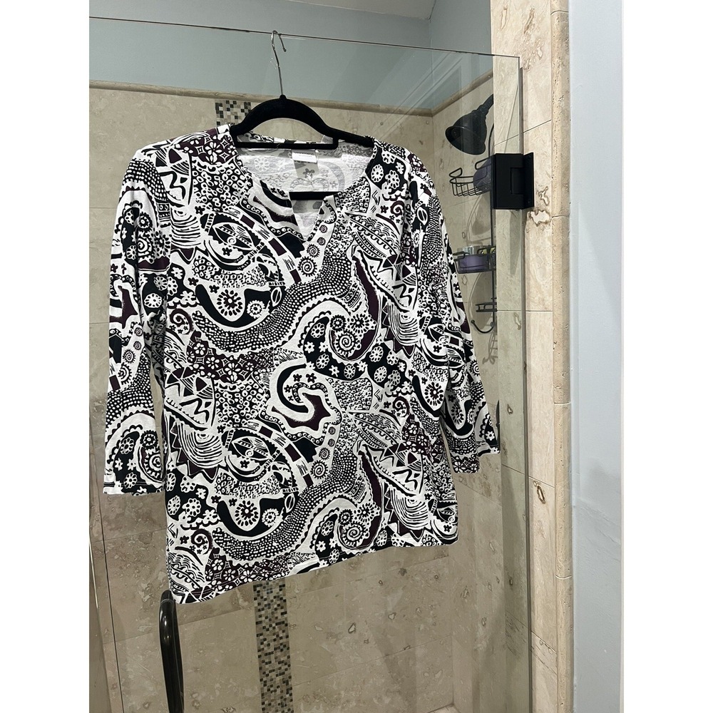Weekends by Chico's 3/4 Sleeve Tee Plus Size 2 White Black Purple Abstract Print